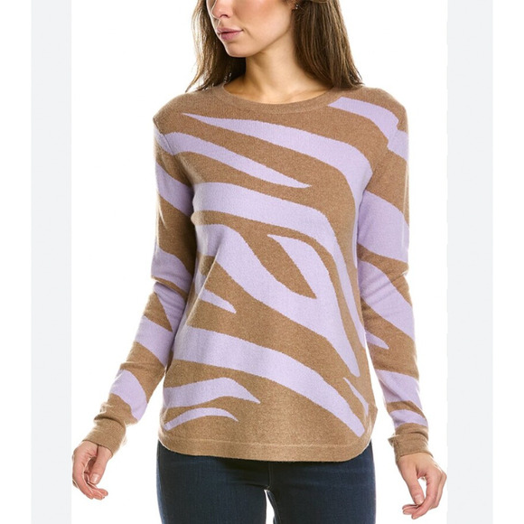 Two Bees Cashmere Zebra Print Cashmere Sweater Tan & Purple Size Small S - Picture 1 of 5